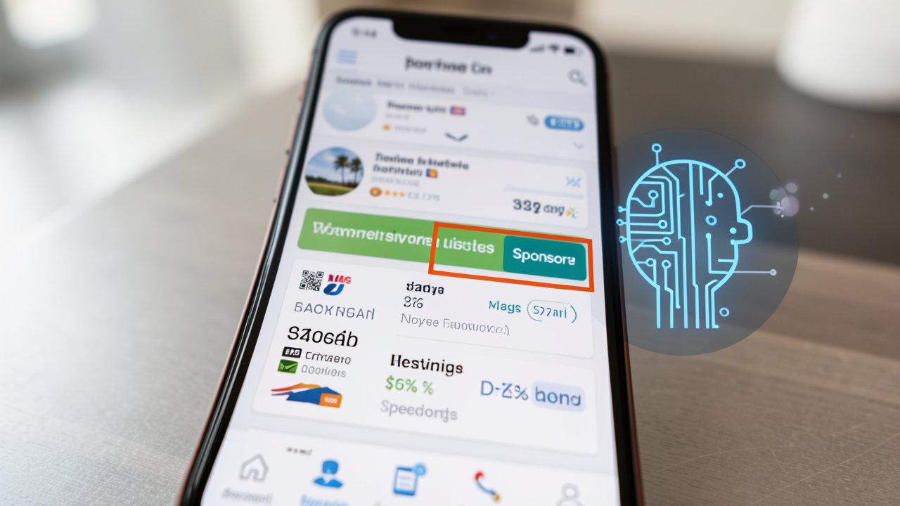 A close up of a smartphone displaying a travel booking app with highlighted sponsored listings next to an artificial intelligence icon.