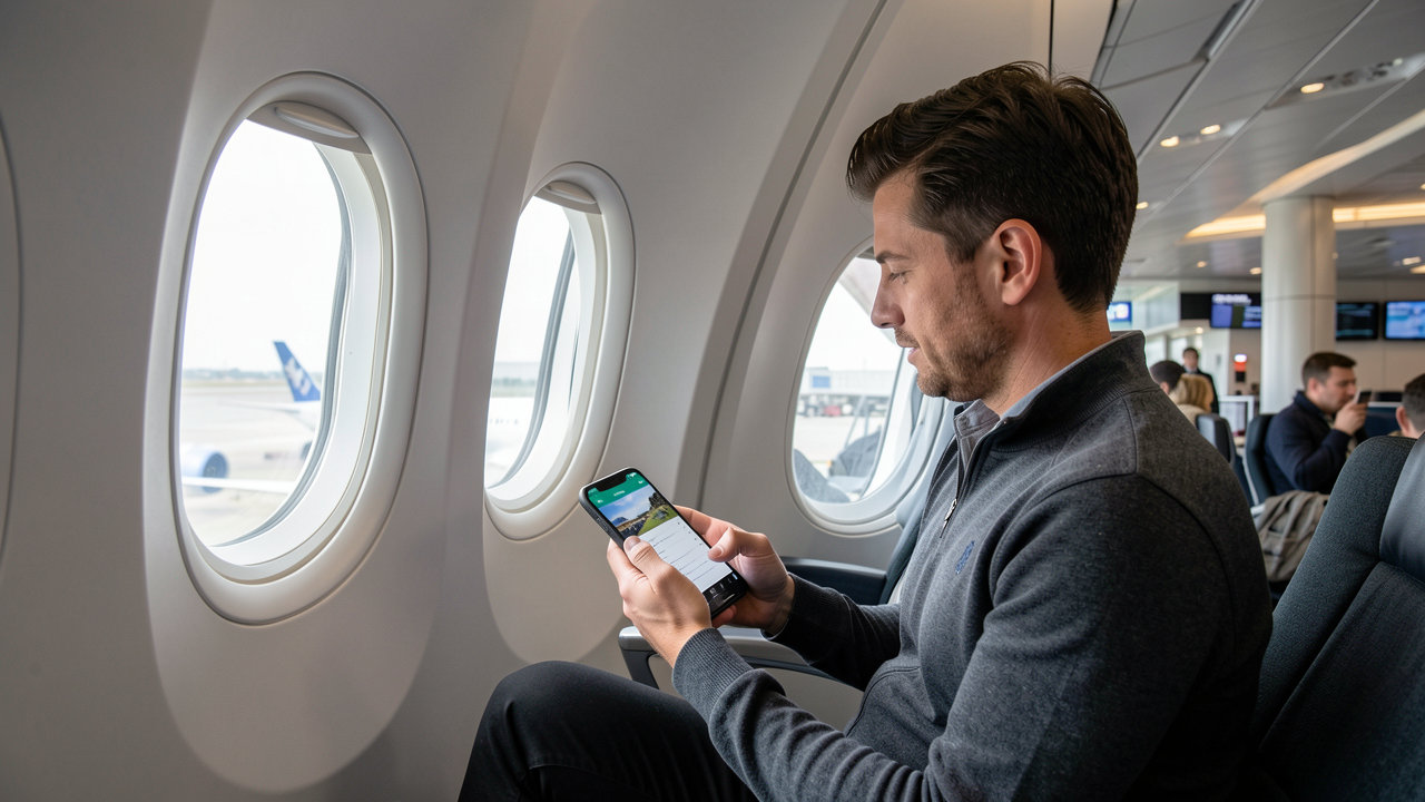 A traveler looking out an airplane window while holding a smartphone and reviewing a travel itinerary in a modern airport lounge.