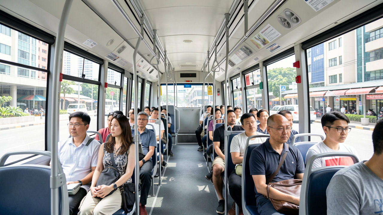 A clean, modern public bus interior in Singapore with passengers sitting quietly and orderly.