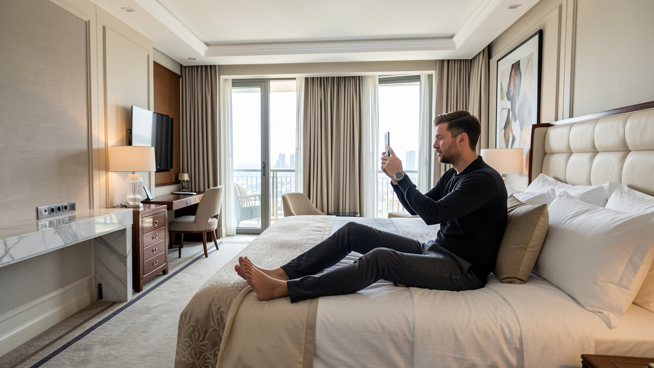A travel content creator filming a hotel room with a smartphone while sitting on a luxury bed.