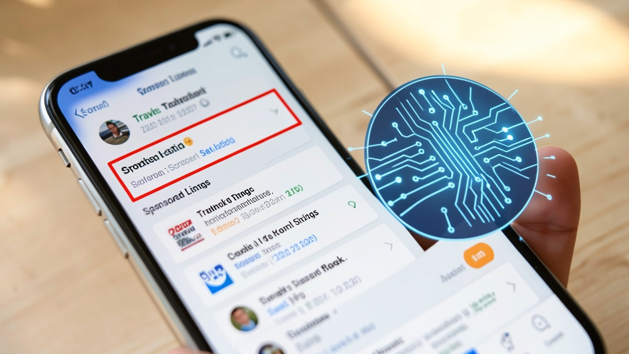 A close up of a smartphone displaying a travel booking app with highlighted sponsored listings next to an artificial intelligence icon.