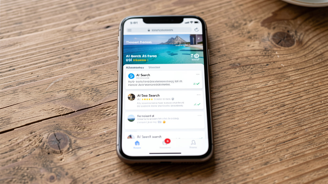 A close-up shot of a smartphone displaying a travel booking app with AI search prompts on a wooden table.