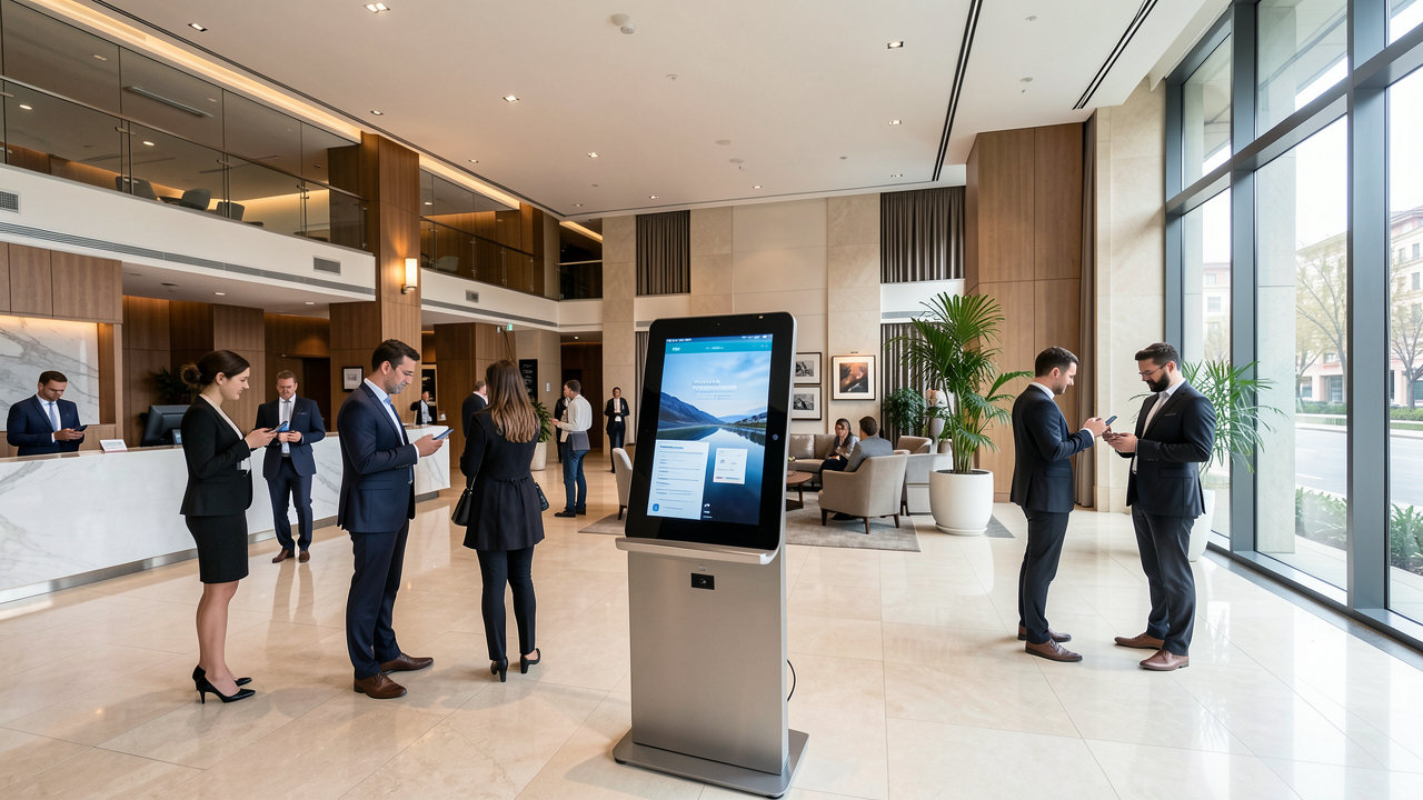 A sleek modern hotel lobby with a digital kiosk and guests interacting with mobile devices.