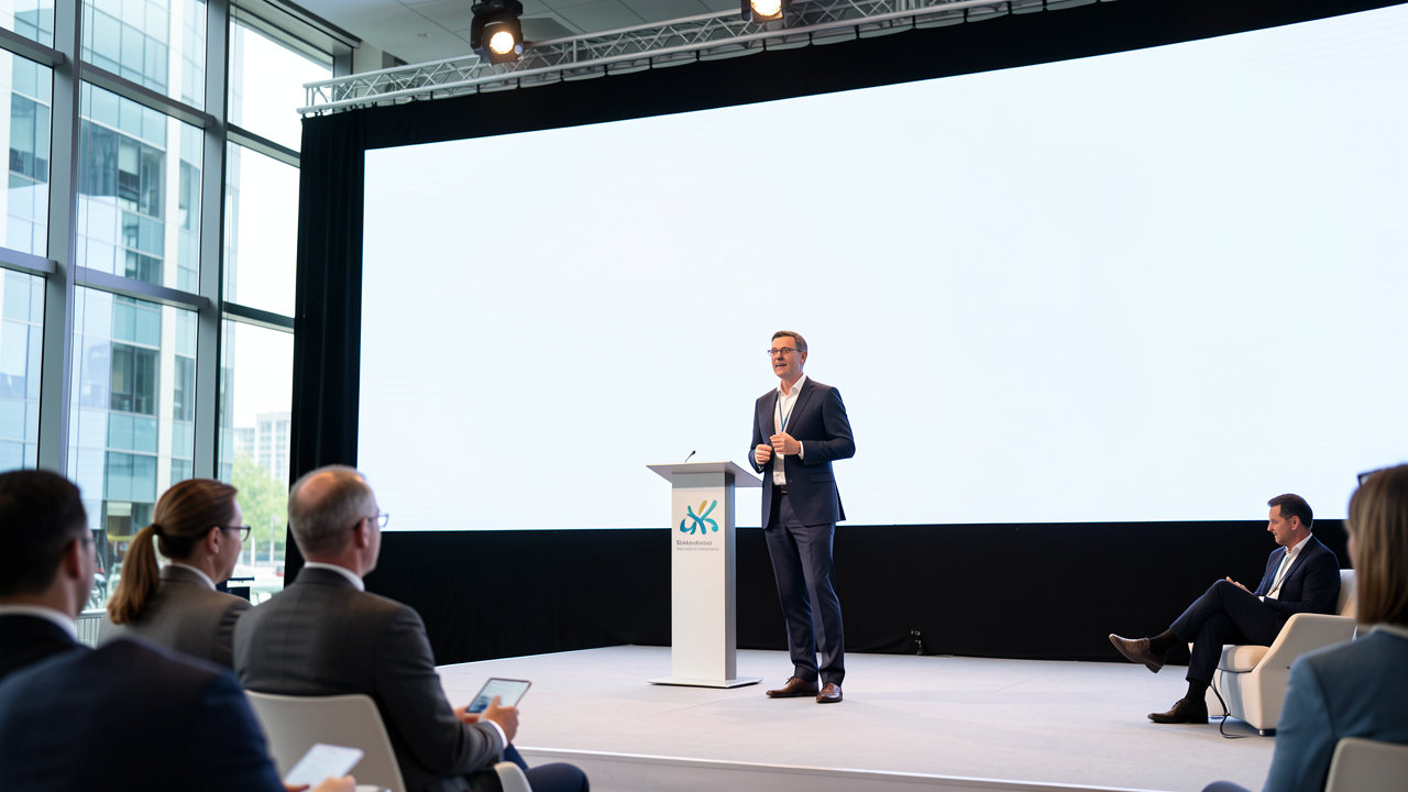 A business executive speaking on stage at a modern travel technology conference with a large screen behind him.