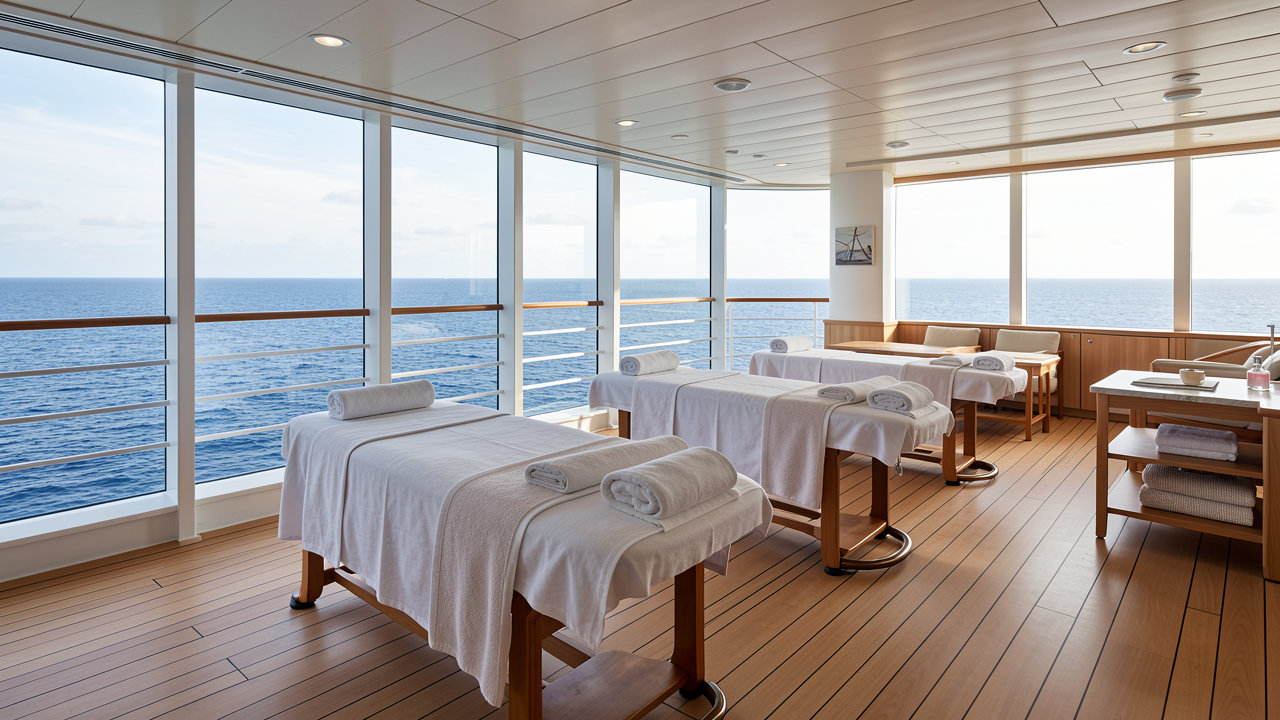 A luxury spa and wellness area onboard a modern cruise ship with ocean views and massage tables.