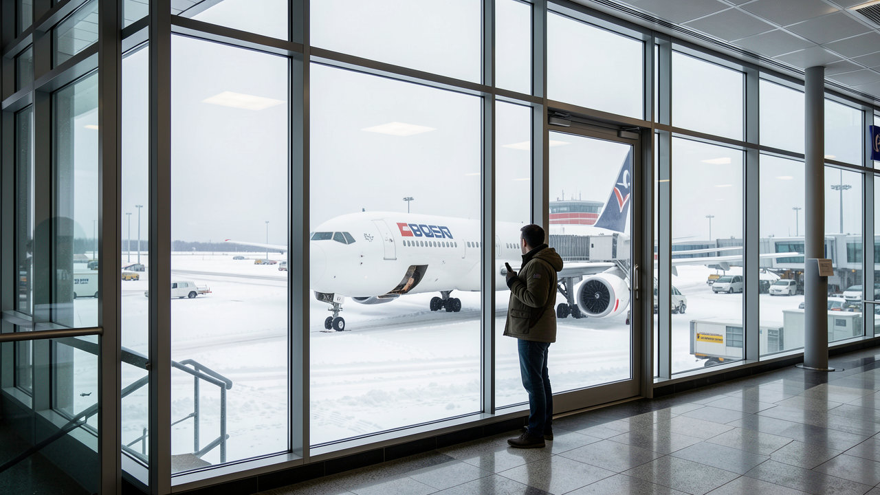 A traveler looking out a snowy airport terminal window at a commercial airliner during winter.