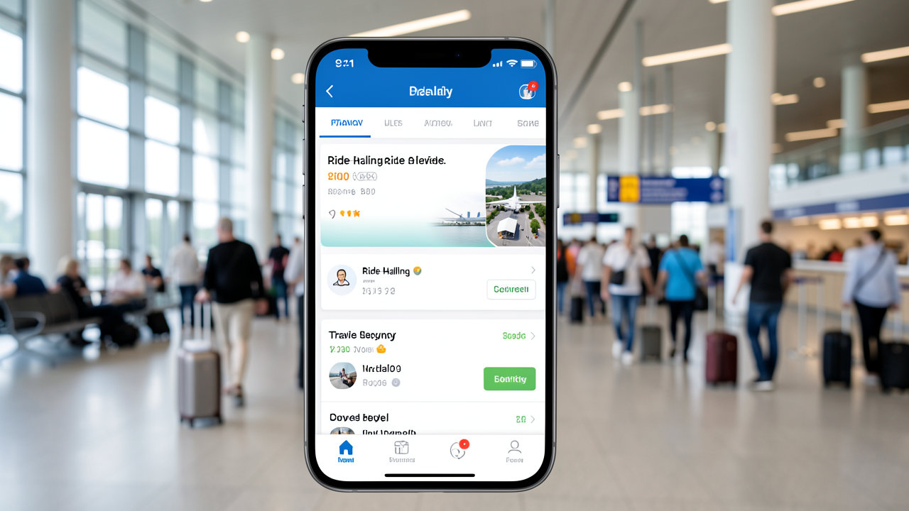 A smartphone displaying a ride-hailing and travel booking app screen against a blurred background of a busy airport terminal.