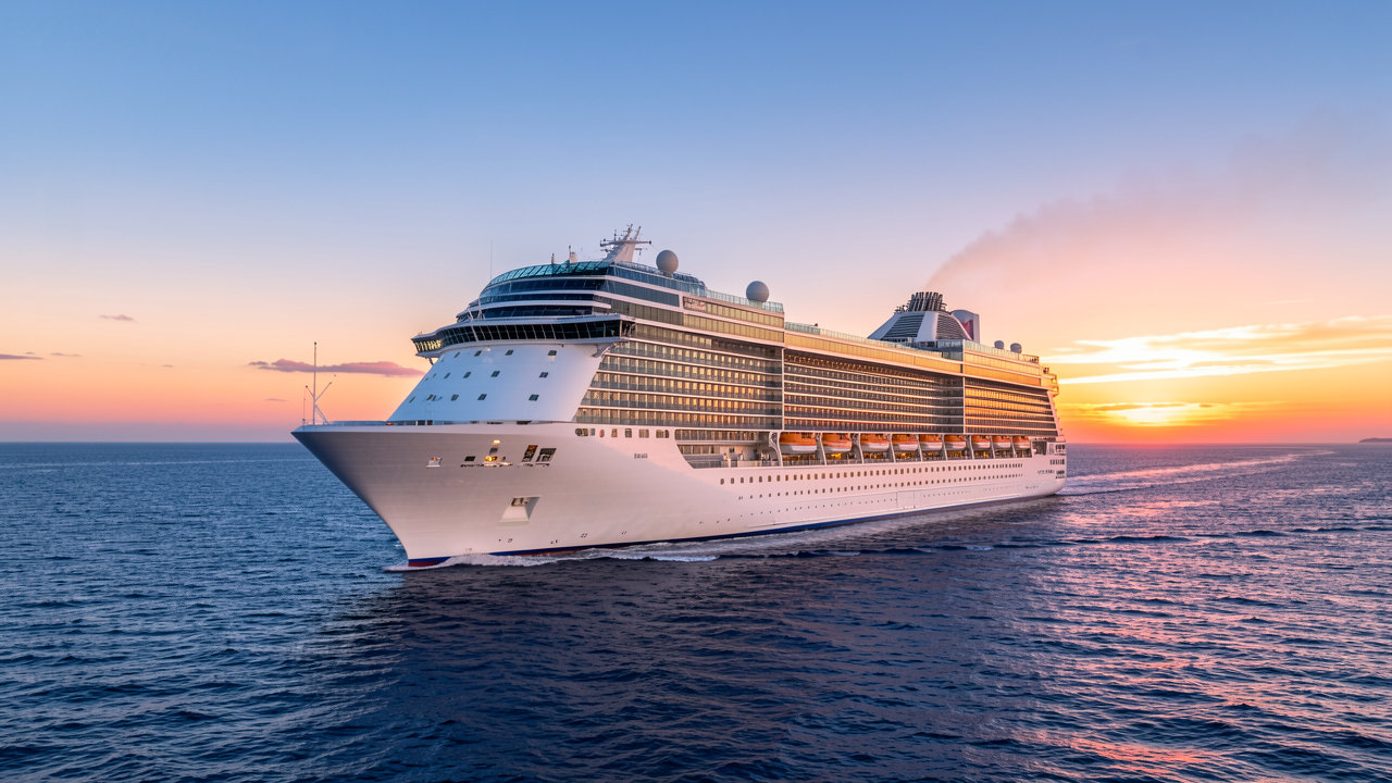A modern cruise ship sailing on blue ocean waters under a clear sky with a vibrant sunset.