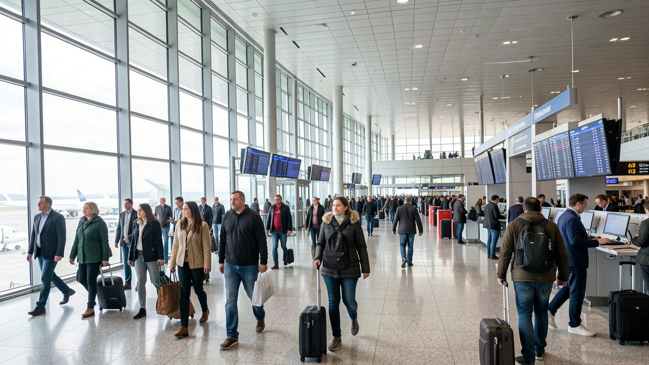 A busy modern airport terminal filled with travelers walking past departure boards and large glass windows.