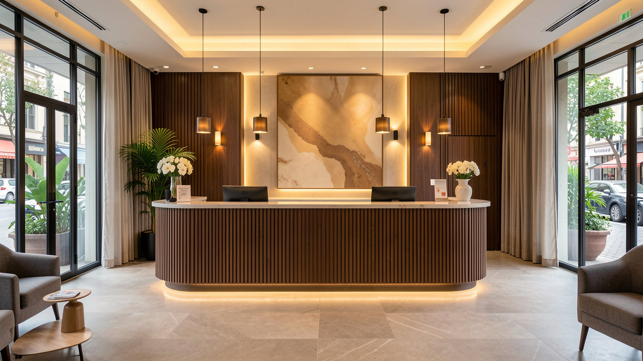 A modern boutique hotel lobby with a sleek front desk and warm ambient lighting, representing Airbnb's hotel expansion.