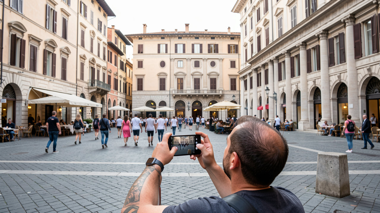 A digital content creator filming a travel vlog on a smartphone in a bustling European piazza.