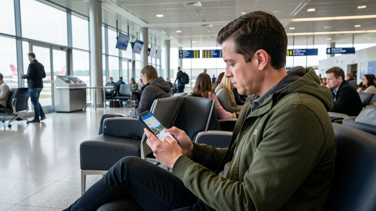 A traveler sitting in an airport lounge looking intently at a smartphone screen displaying travel itineraries.