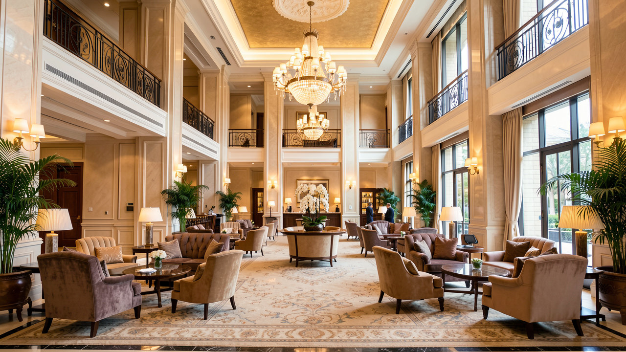 An elegant luxury hotel lobby with high ceilings, plush seating, and warm lighting welcoming visitors.