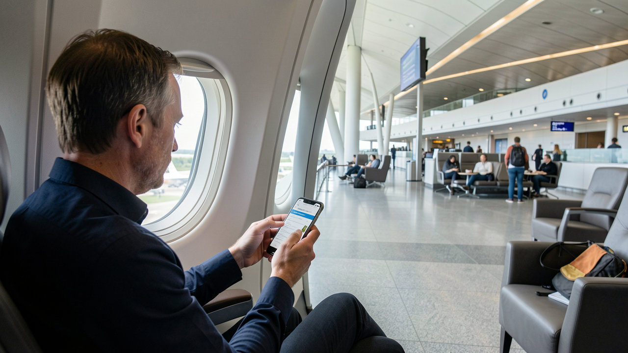 A traveler looking out an airplane window while holding a smartphone and reviewing a travel itinerary in a modern airport lounge.