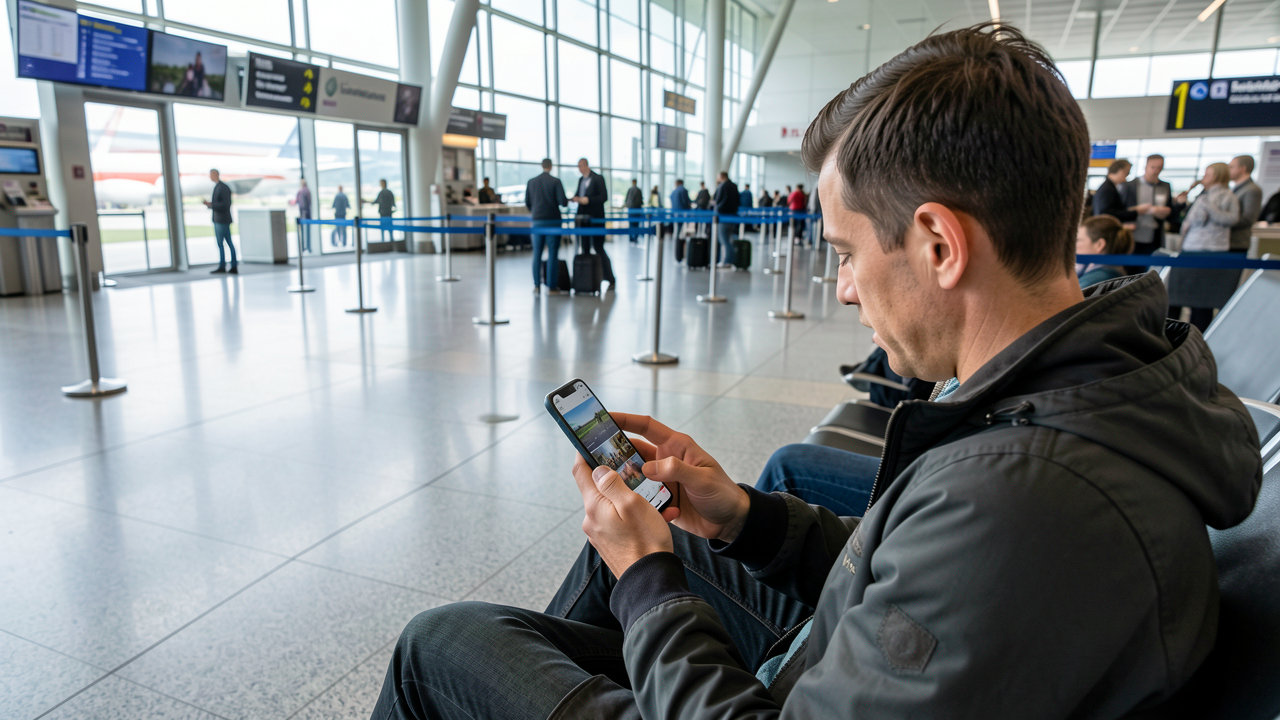 A traveler scrolling through travel videos on a smartphone while sitting at an airport terminal gate.