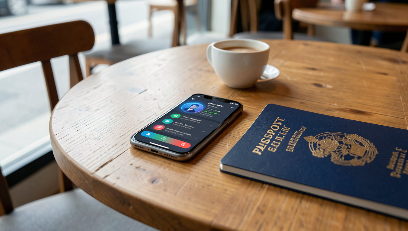 A sleek smartphone displaying a personal artificial intelligence assistant interface on a wooden cafe table next to a passport.