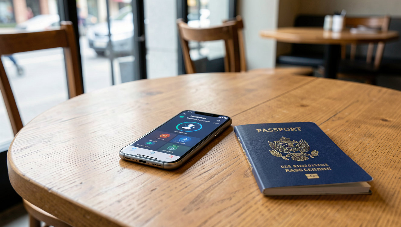 A sleek smartphone displaying a personal artificial intelligence assistant interface on a wooden cafe table next to a passport.