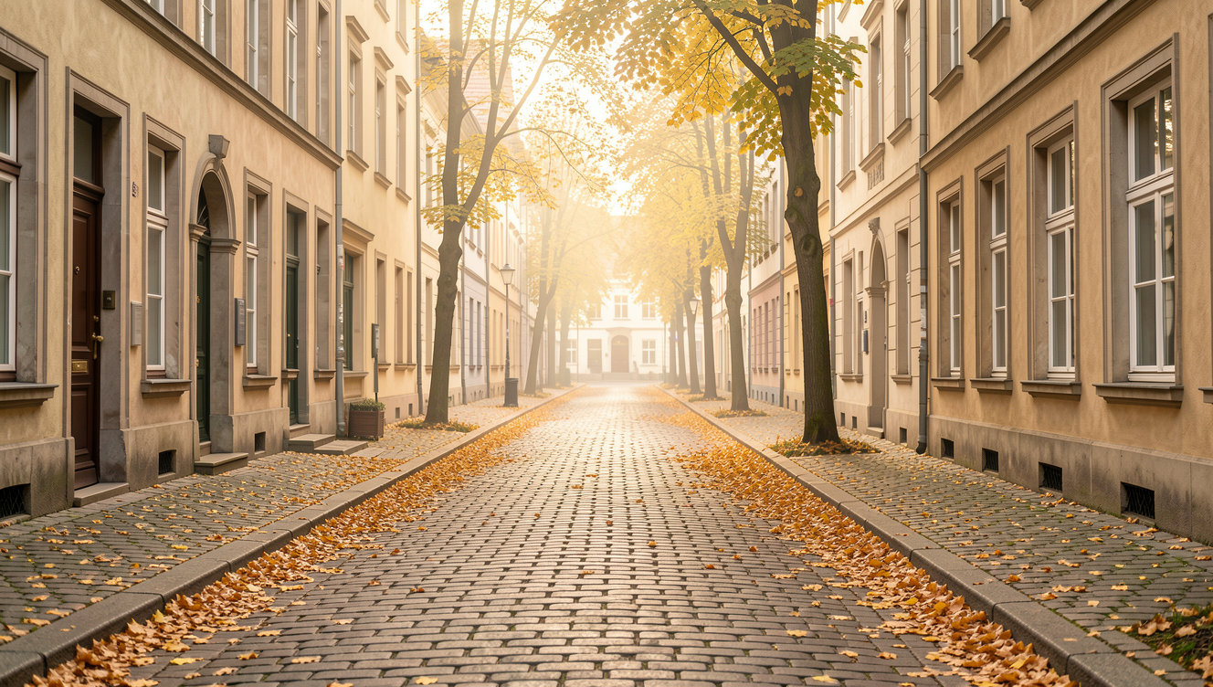 A quiet European cobblestone street in autumn with golden leaves on the ground and soft atmospheric lighting.