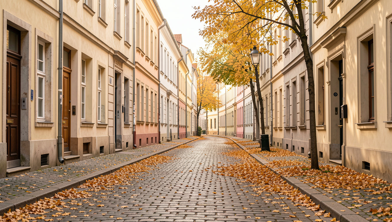 A quiet European cobblestone street in autumn with golden leaves on the ground and soft atmospheric lighting.
