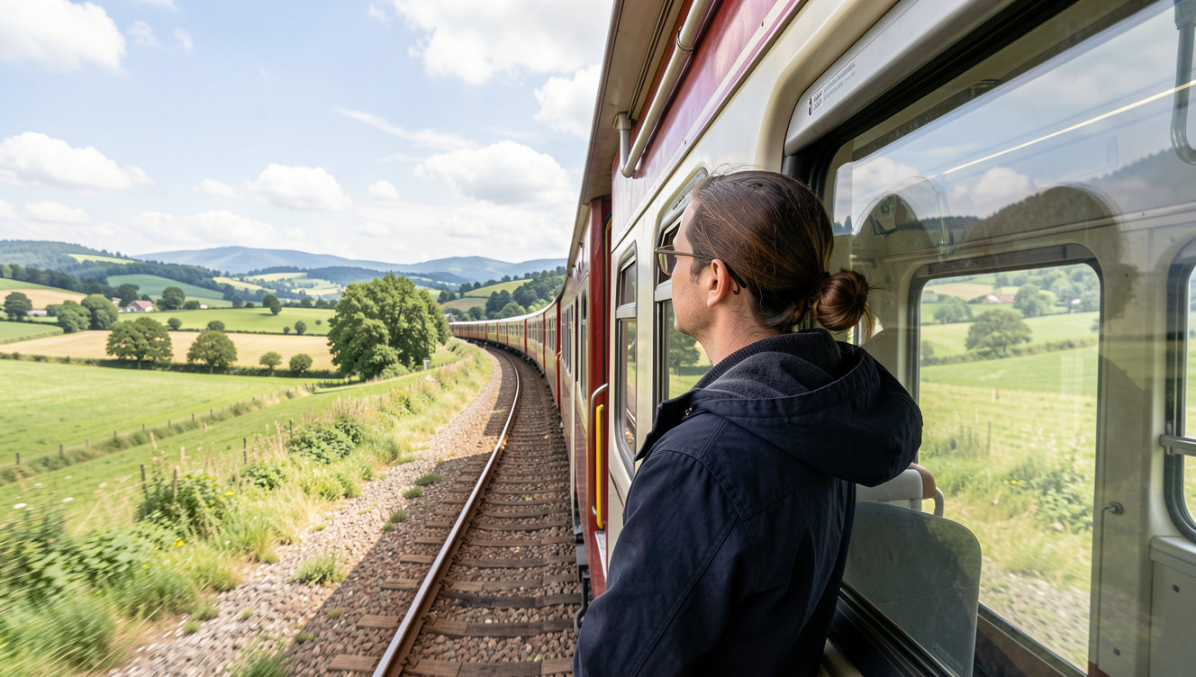 A traveler looking out the window of a European train passing through scenic countryside.