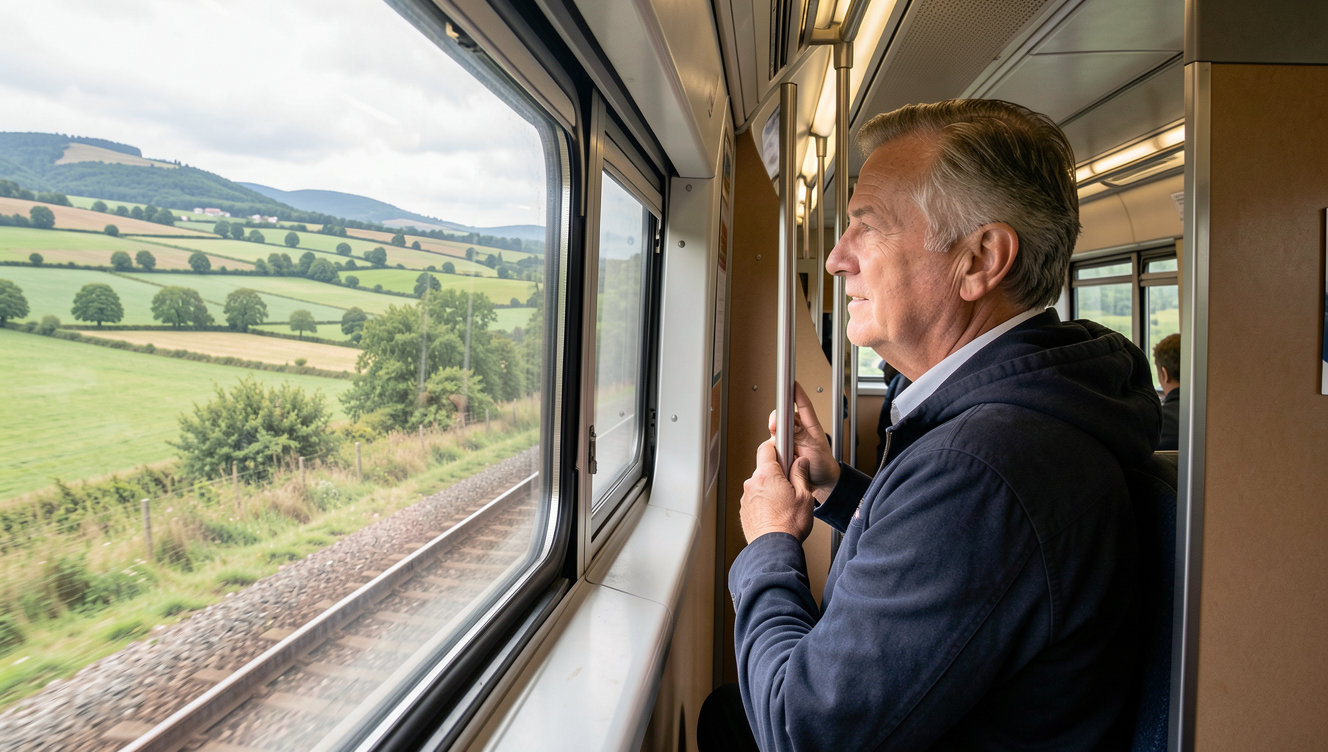 A traveler looking out the window of a European train passing through scenic countryside.