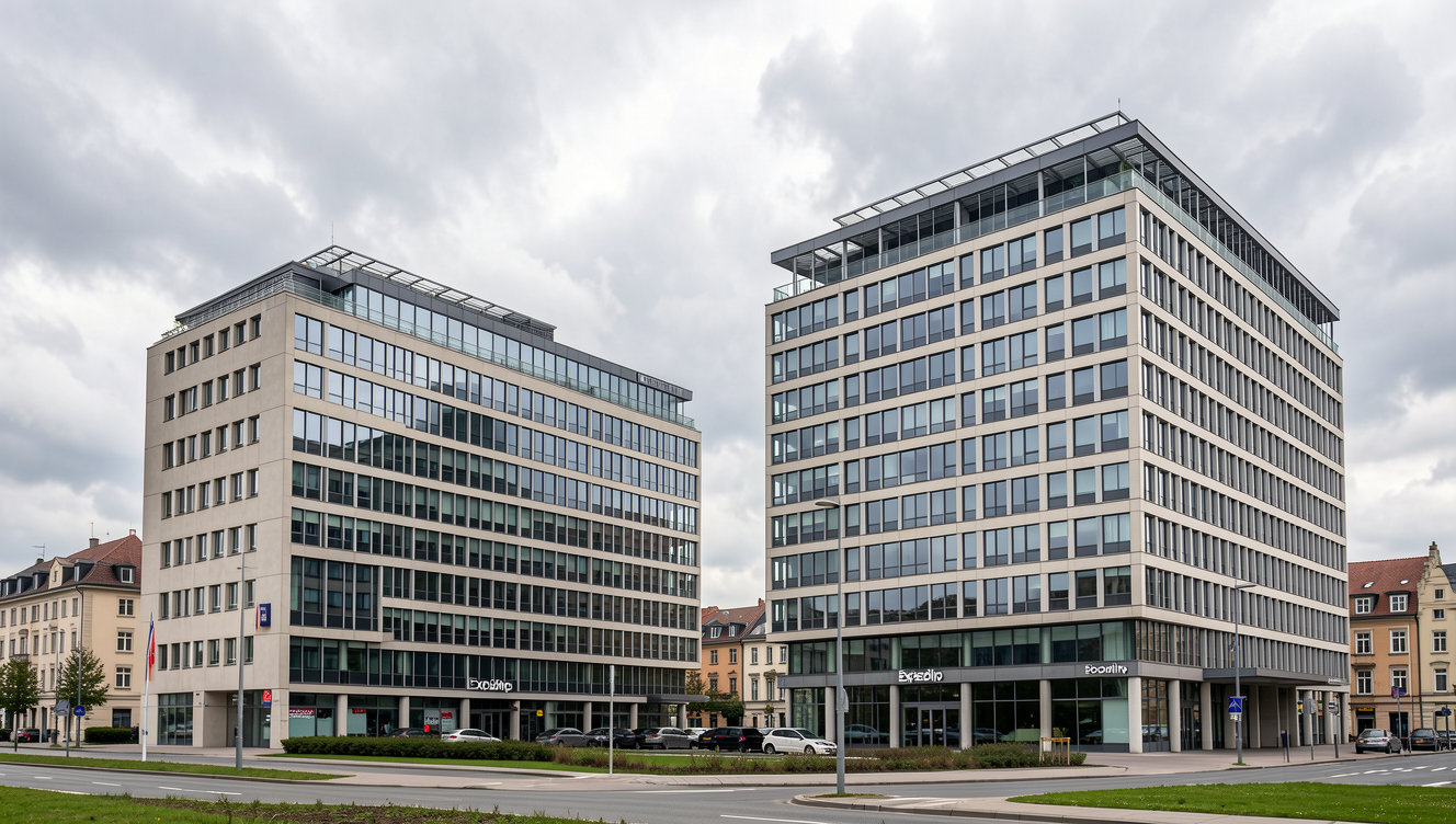 Expedia and Booking corporate headquarters buildings side by side under a cloudy European sky