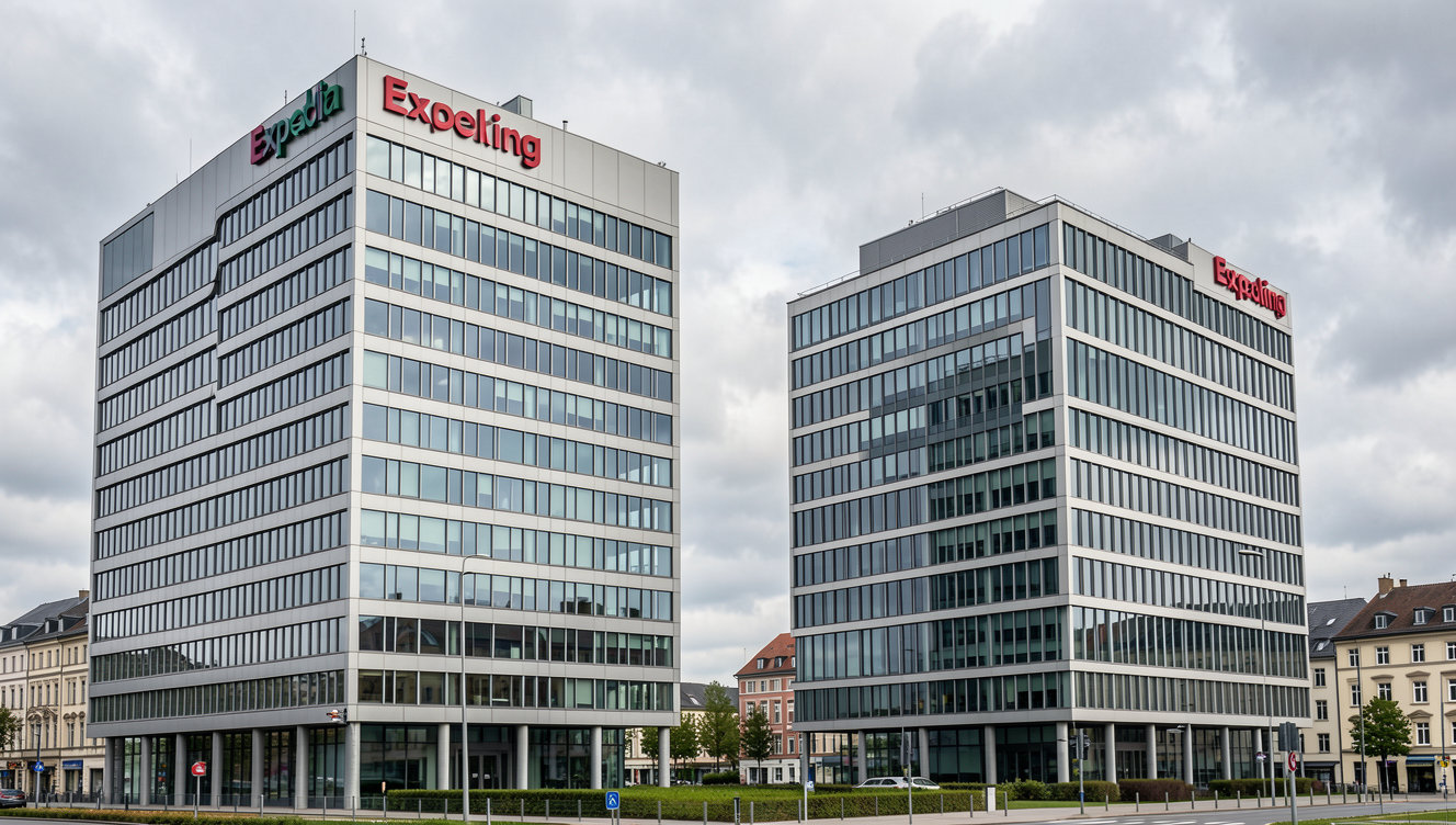 Expedia and Booking corporate headquarters buildings side by side under a cloudy European sky
