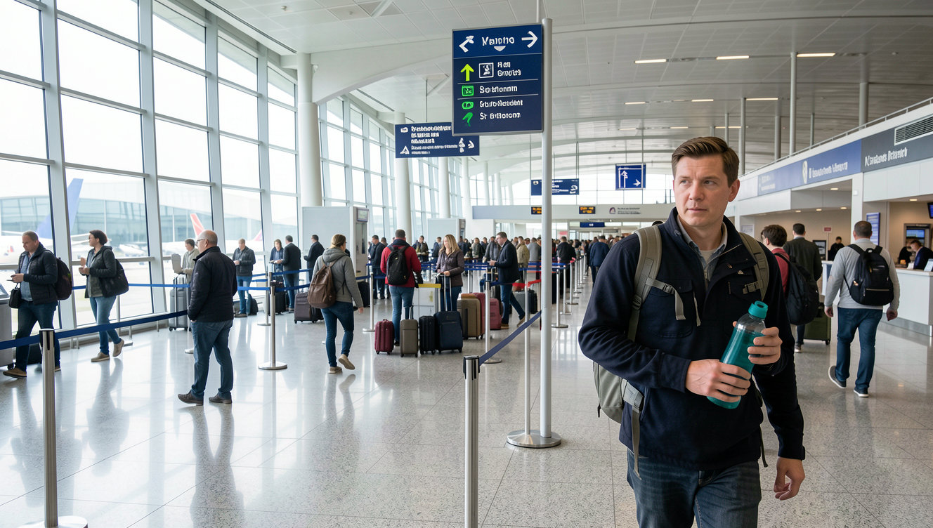 A traveler holding a reusable water bottle walking past an airport security checkpoint sign at a busy airport terminal.