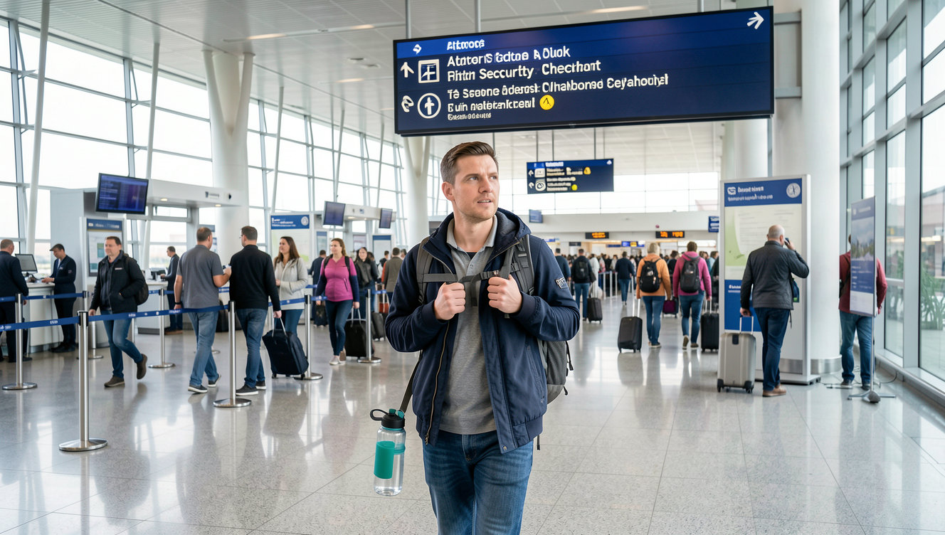 A traveler holding a reusable water bottle walking past an airport security checkpoint sign at a busy airport terminal.