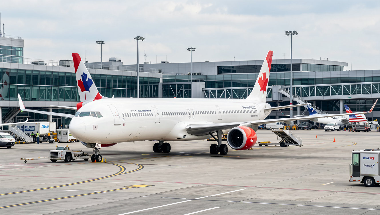 Commercial passenger jet on tarmac at a busy airport terminal with Canadian and American cross-border contextual travel scene.