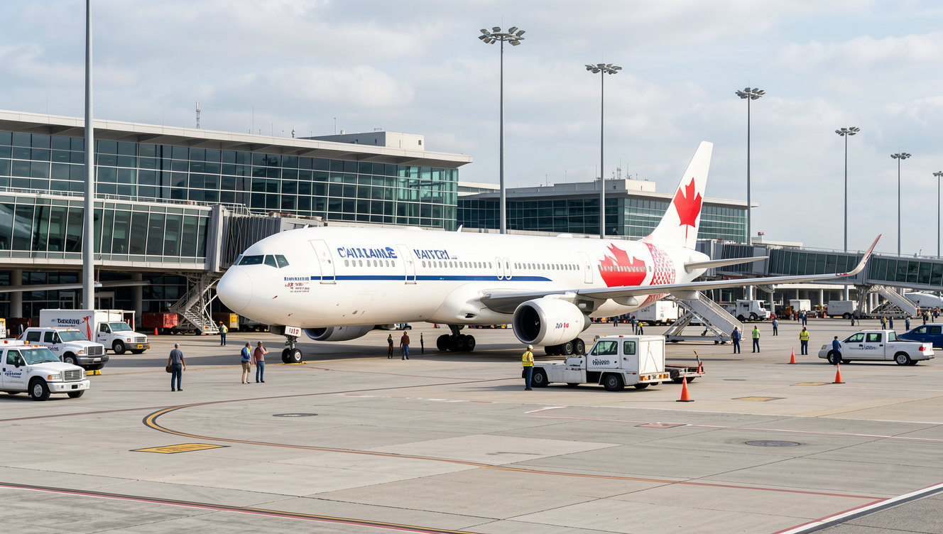 Commercial passenger jet on tarmac at a busy airport terminal with Canadian and American cross-border contextual travel scene.