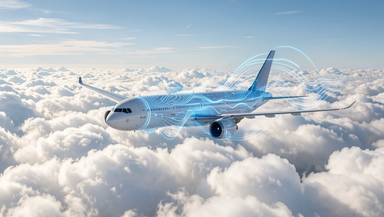 An airplane cruising above clouds with digital connectivity waves radiating from the fuselage, representing satellite internet.