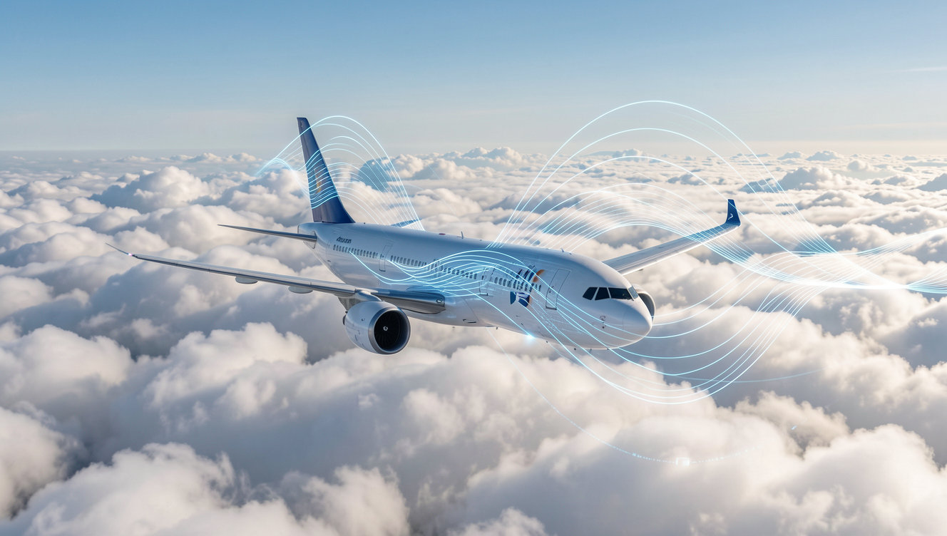 An airplane cruising above clouds with digital connectivity waves radiating from the fuselage, representing satellite internet.