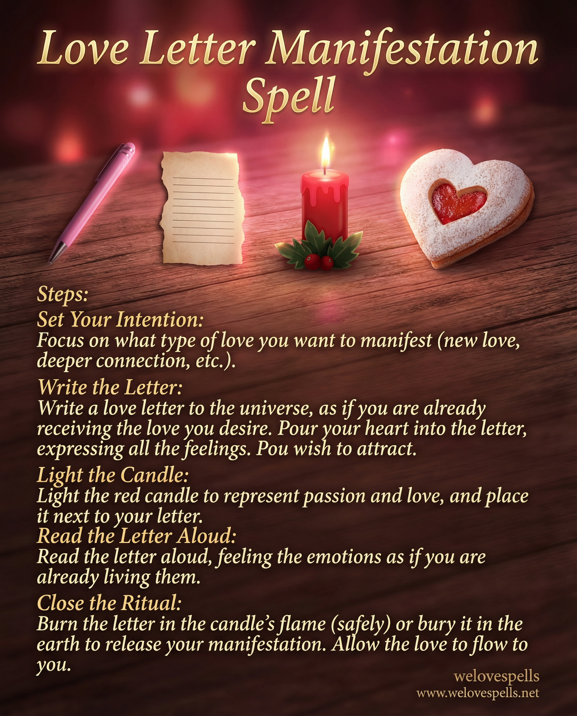 Love Letter Manifestation Spell ritual items and candles