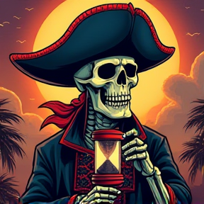 badass skeleton pirate holding hourglass