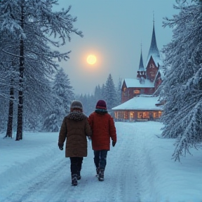 Koululaiset kävelevät lumimyrskyssä kirkkoon