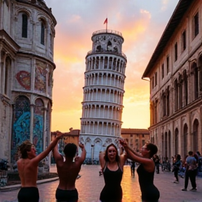 Elisa steht auf dem schiefen Pisa