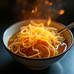 Un pranzo con delle polpette di merda e della pasta in brodo