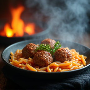 Un pranzo con delle polpette di merda e della pasta in brodo