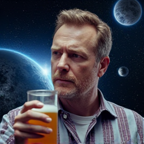 Joels drinking beer in space