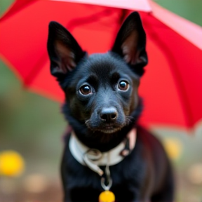 Der kleine schwarze Hund und der rote Regenschirm