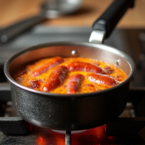 seven sizzling sausages in a saucepan