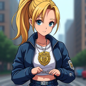 Blonde anime police woman with a ponytail rapping