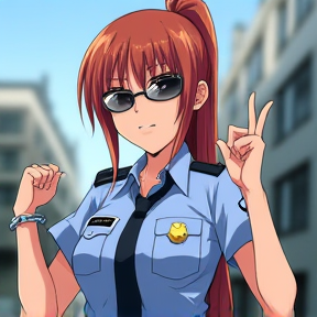 blonde anime girl police woman shrugging ponytail twintail hair sunglasses