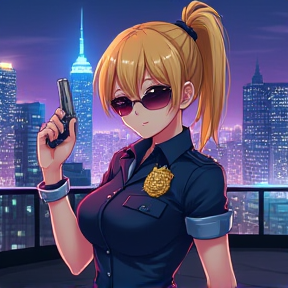 blonde anime police girl, sunglasses ponytail, handcuffed