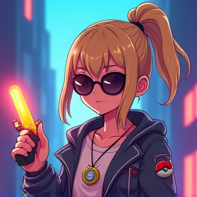 blonde anime police girl, gun, sunglasses, ponytail, pokemon