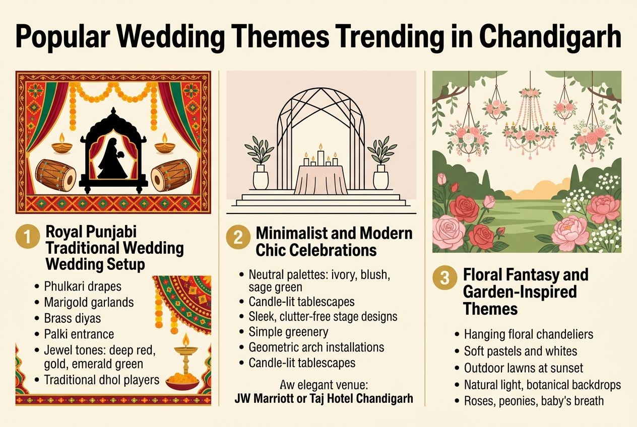Aspect ratio 3:2, full-bleed professional infographic illustration with a clean modern wedding editorial style, wide horizontal layout, no inset margins. Large bold title centered at the top: "Popular Wedding Themes Trending in Chandigarh". Use elegant sans-serif headline font with warm gold and deep maroon accents. Below the title, create three wide horizontal sections in a 3-column layout with clear numbered labels and matching icons: 1. Left section with a royal crown and dhol icon, heading: "Royal Punjabi Traditional Wedding Setup" Use rich jewel-toned visuals in deep red, gold, and emerald green. Show vibrant phulkari drapes, marigold garlands, brass diyas, a decorative bride palki entrance, and traditional dhol players. Add small text bullets: • "Phulkari drapes" • "Marigold garlands" • "Brass diyas" • "Palki entrance" • "Dhol players" 2. Center section with a geometric arch and candle icon, heading: "Minimalist and Modern Chic Celebrations" Use a neutral palette of ivory, blush, and sage green. Show geometric arch installations, candle-lit tablescapes with simple greenery, and sleek clutter-free stage design. Add small text bullets: • "Ivory, blush, sage green" • "Geometric arch installations" • "Candle-lit tablescapes" • "Simple greenery" • "Sleek stage designs" Include a small venue note in a subtle banner: "JW Marriott or Taj Hotel Chandigarh" 3. Right section with a floral chandelier and garden icon, heading: "Floral Fantasy and Garden-Inspired Themes" Use soft pastels and whites with lush greenery. Show hanging floral chandeliers, outdoor lawns at sunset, roses, peonies, and baby's breath, plus botanical photography backdrops. Add a small two-column mini table with the exact text: "Ceiling décor | Hanging floral chandeliers" "Color palette | Soft pastels and whites" "Venue setting | Outdoor lawns at sunset" "Photography | Natural light, botanical backdrops" Add small text bullets: