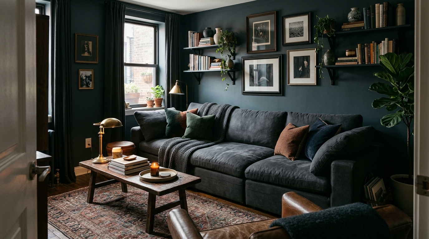 Тёмный диван в маленькой комнате = тесно — как НЕ надо