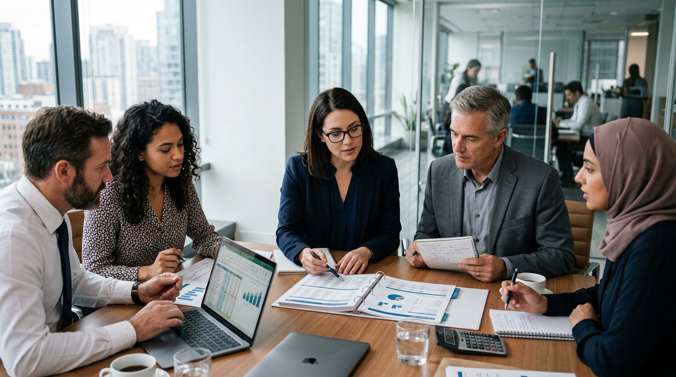 healthcare accounting team reviewing financial reports