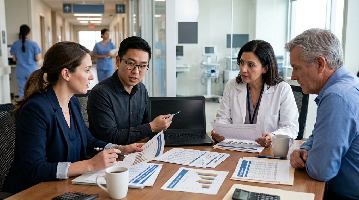 medical office staff discussing financial performance